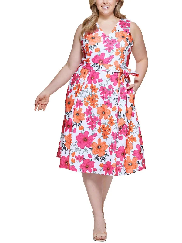 Plus Womens Floral Print Calf Midi Dress