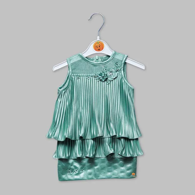 Green Shiny Frilled Girls Midi