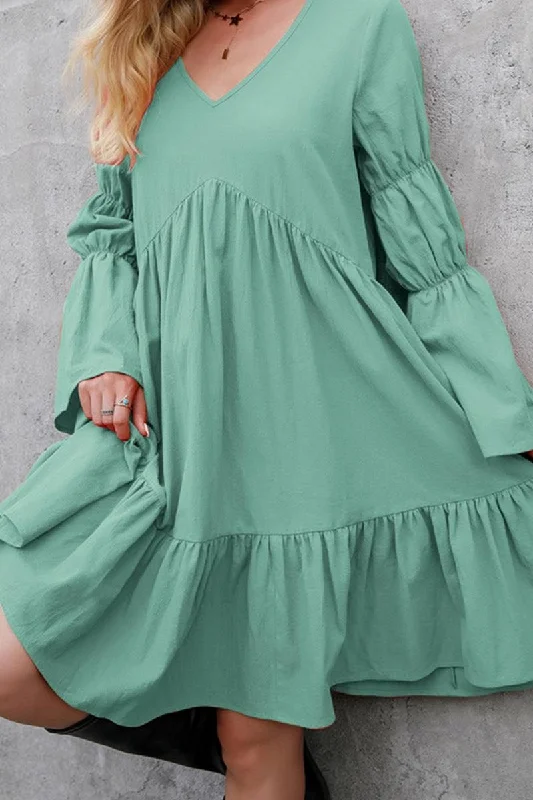 LONG SLEEVE RUFFLED MIDI DRESS