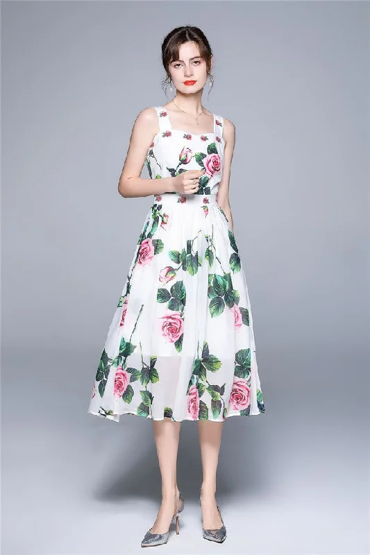 White ?ocktail & Party A-line Off The Shoulder Strap Midi Floral Dress