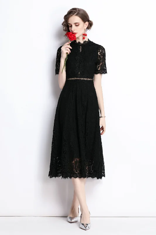 Black Evening A-line Crewneck Short Sleeve Midi Lace Dress