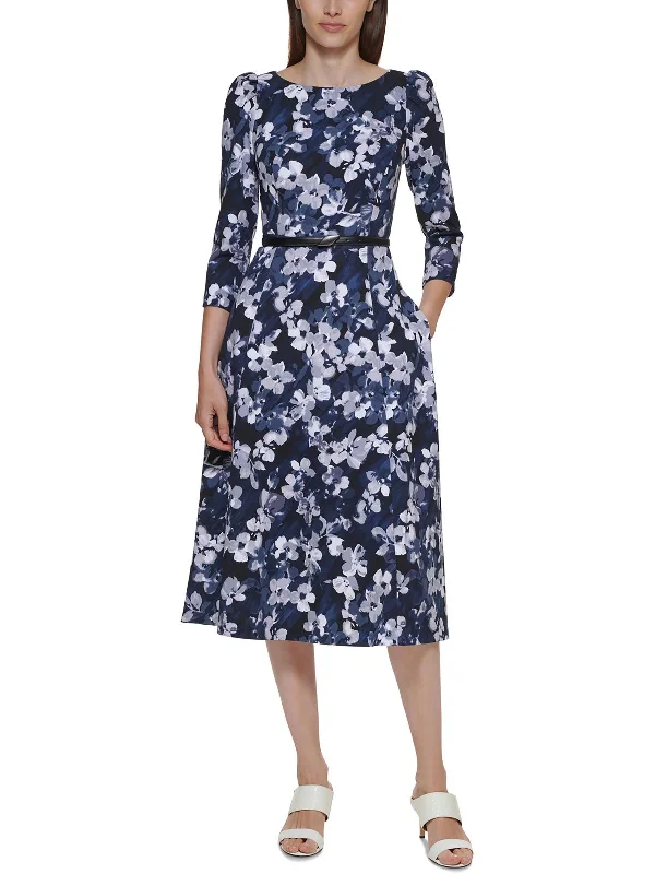 Womens Knit Floral Midi Dress