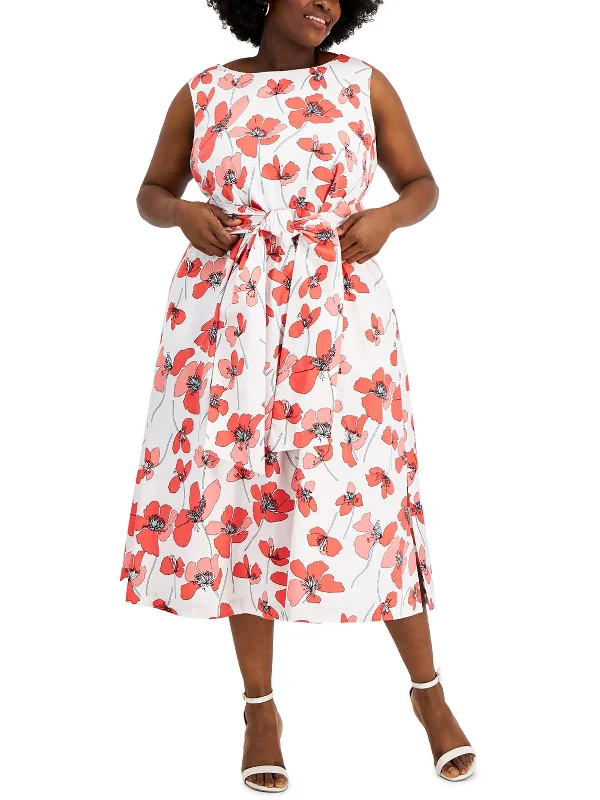 Plus Womens Floral Print Boatneck Midi Fit & Flare Dress