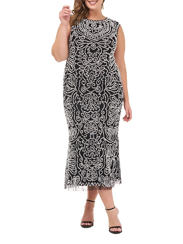 Plus Womens Beaded Midi Cocktail and Party Dress