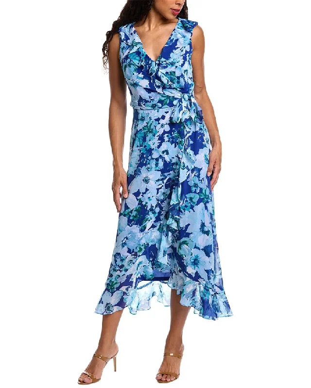 London Times Side Tie Ruffle Midi Dress