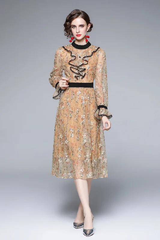 Pale orange Evening Lace Ruffled A-line Crewneck Long Sleeve Midi Dress