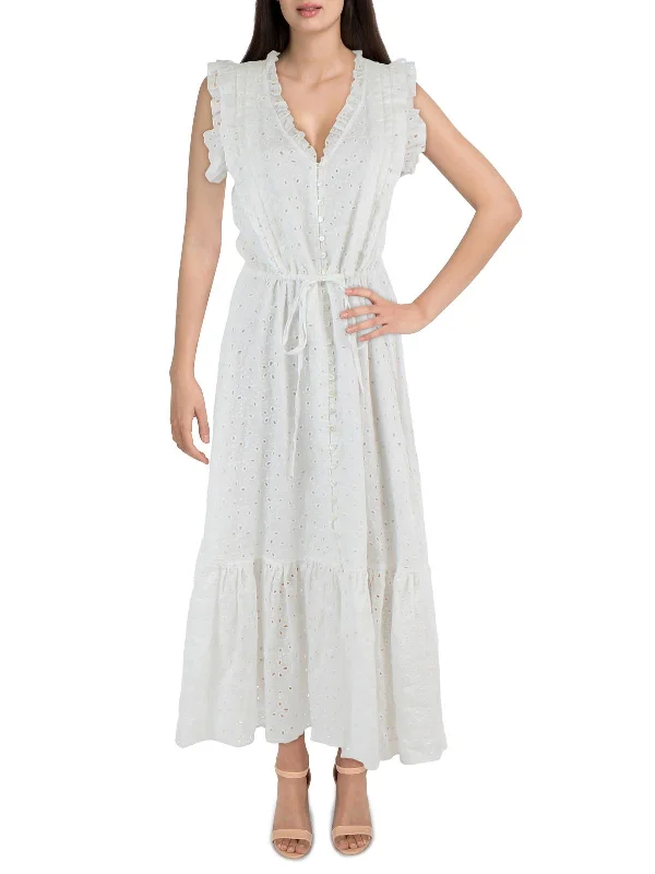 Womens Eyelet Tea Length Midi Dress