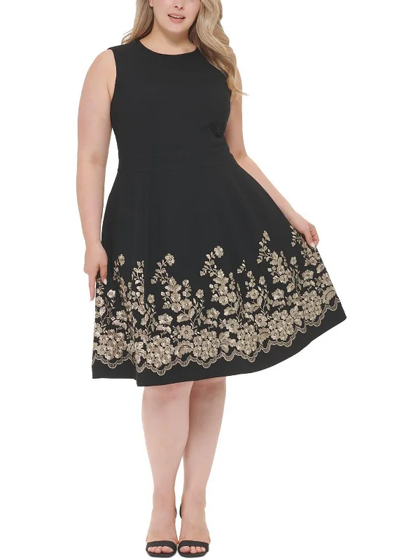 Plus Womens Embroidered Midi Cocktail and Party Dress