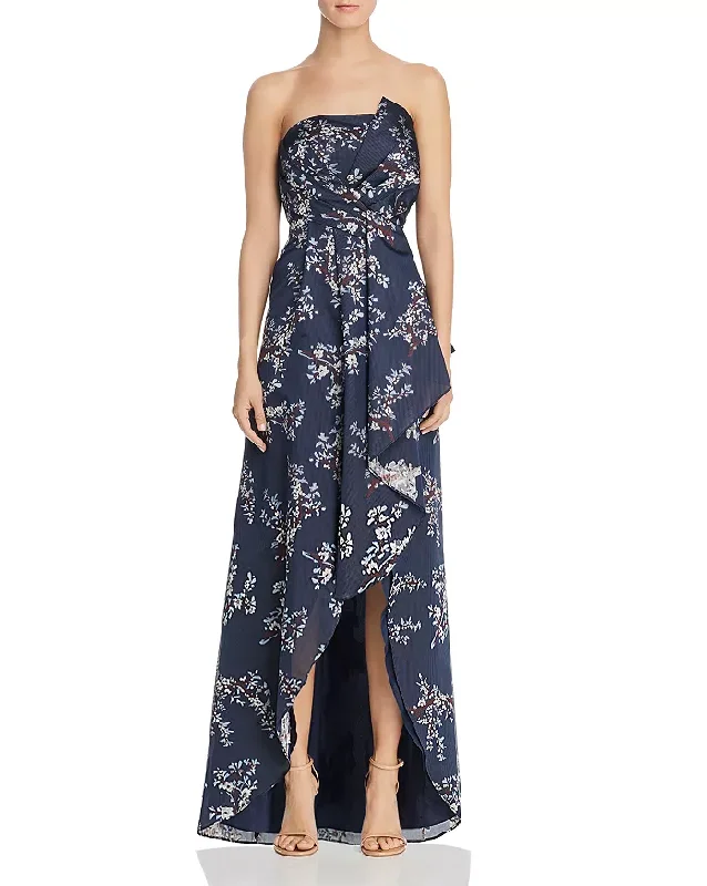 10 - aidan mattox navy floral strapless high low gown