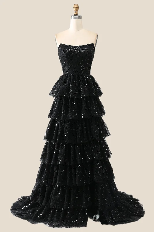 Black Sparkle Tulle Tiered Ruffles Gown