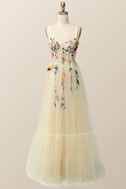 Champagne Tulle and Floral Embroidery Formal Gown