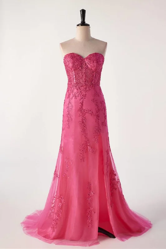 Hot Pink Lace Appliques Mermaid Long Formal Gown