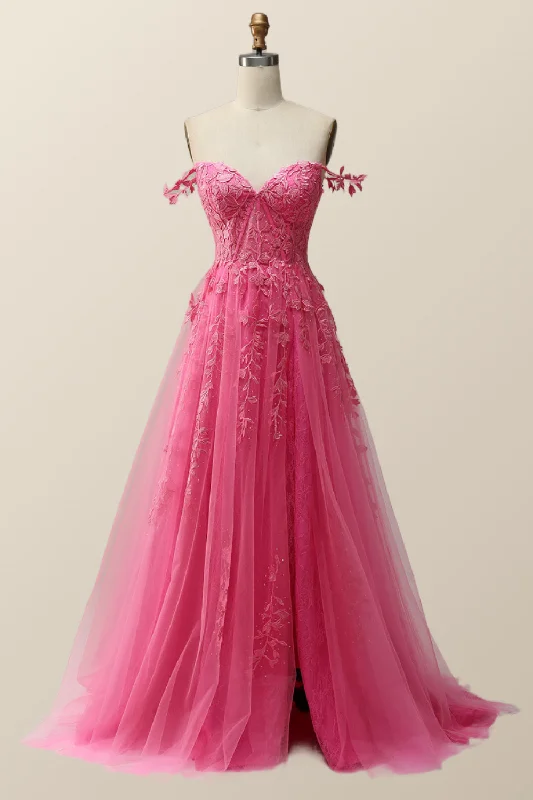 Hot Pink Lace Appliques A-line Long Formal Gown