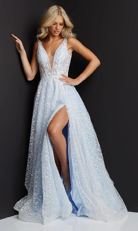 Low-V-Back Light Blue Sheer-Bodice Prom Ball Gown