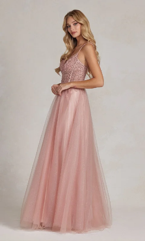 Beaded-Bodice Rose Gold Long Prom Ball Gown