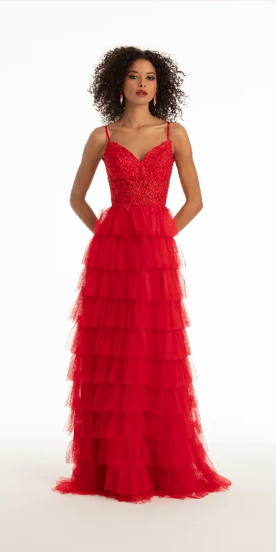 Mesh Tiered Corset Keyhole Back Ballgown