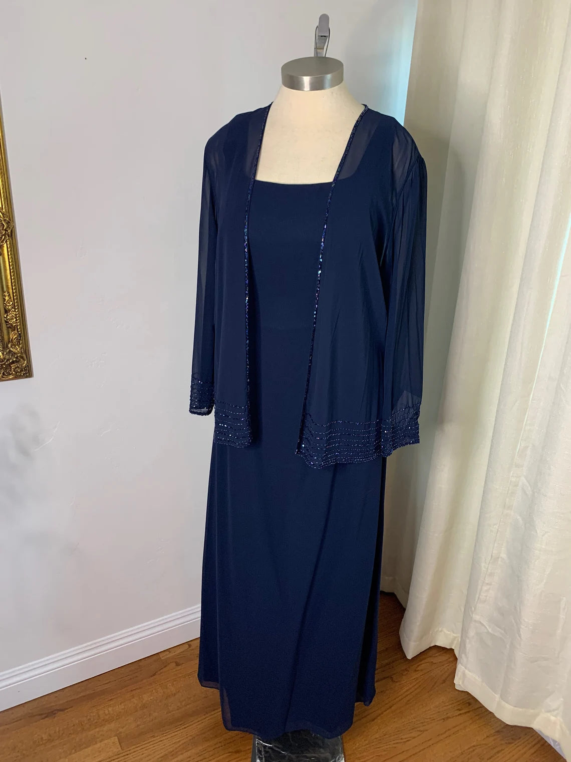 Navy Blue 2 Piece Formal Dress with Jacket Mother of The Bride Outfit Beaded Chiffon Jacket Plus Size Navy Gown