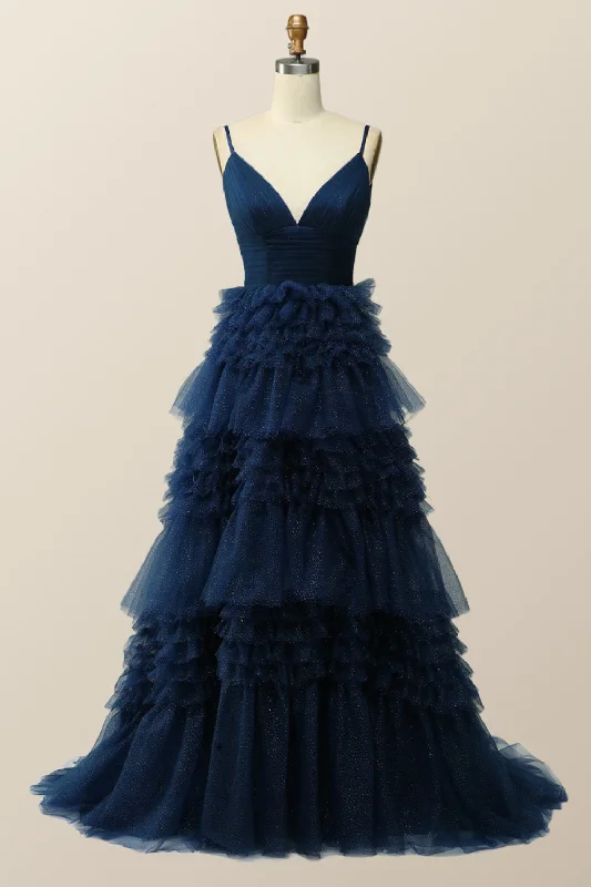 Navy Blue Tiered Ruffle Long Ball Gown with Straps