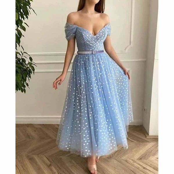 Off Shoulder Tulle Homecomng Dress Tea Length Formal Dress Party Gowns with Belt