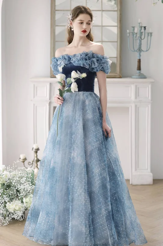 Off the Shoulder Blue Velvet Tulle Princess Gown