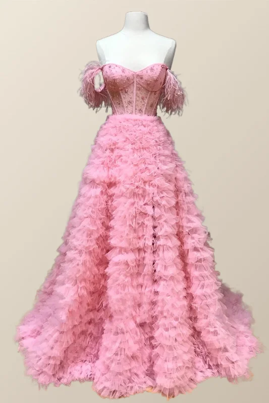 Off the Shoulder Pink Tiered Layers Long Formal Gown