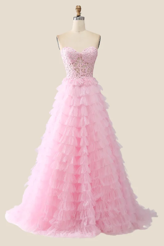 Pink Sweetheart Lace and Tulle Tiered Gown