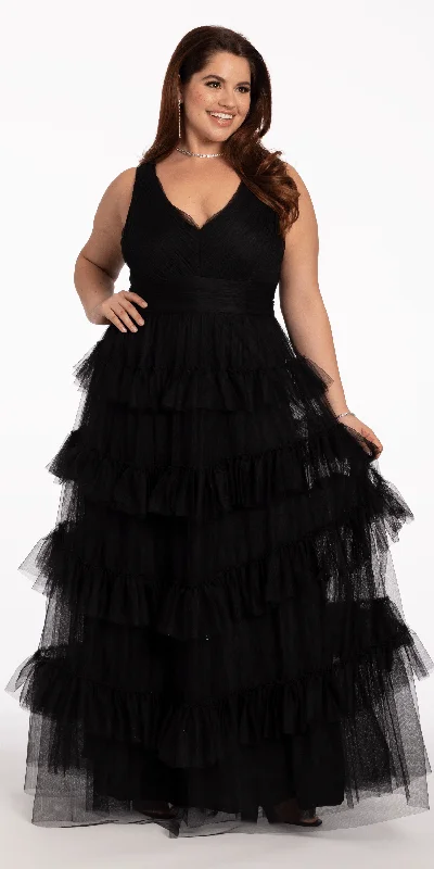 Pleated Mesh V Neck Ruffle Ballgown