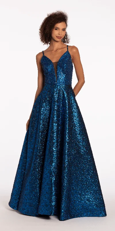 Plunging Metallic Beaded Jacquard Ballgown with Pockets