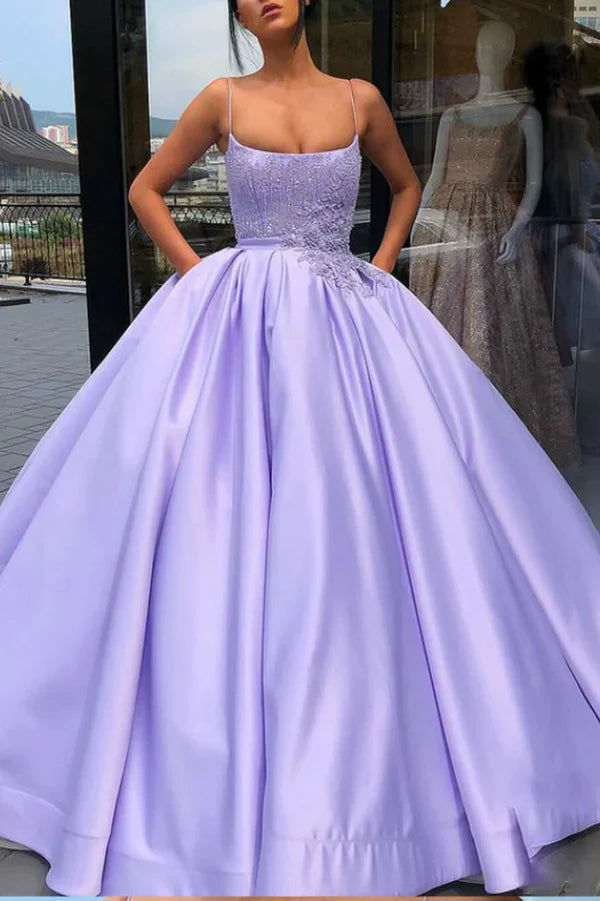 Quinceanera Dress Lavender Ball Gown Spaghetti Straps Satin Dress With Pocket