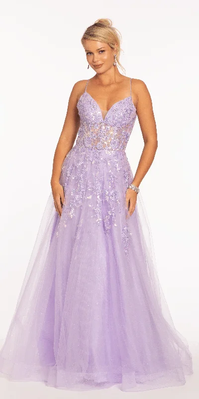 Sweetheart Plunging Mesh Corset Ballgown with Embellished Appliques