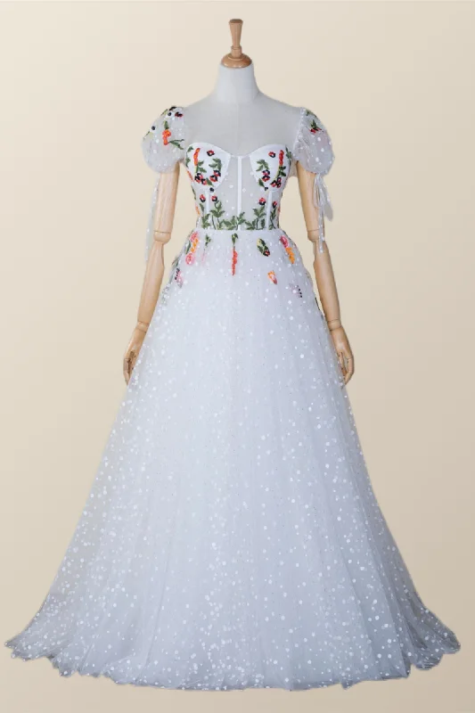 White Floral Corset Cap Sleeves Long Formal Gown