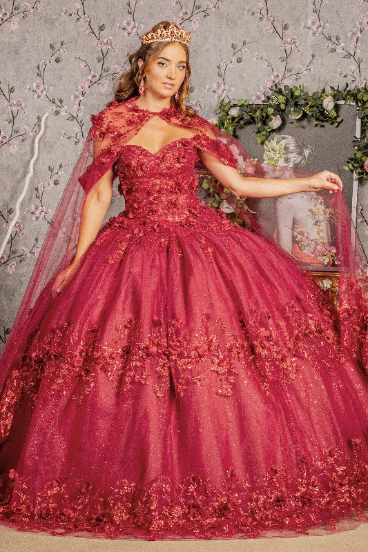 3D Floral Off Shoulder Cape Ball Gown by Elizabeth K GL3179