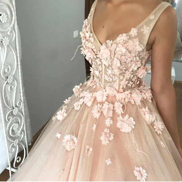 Blush Pink Tulle V Neck Ball Gown Flowers Sweet 16 Dress cc76