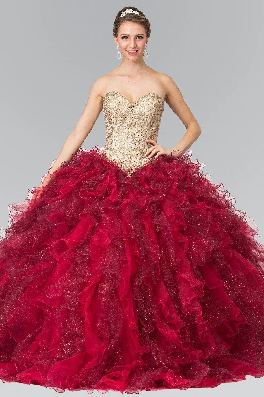 Burgundy Strapless Ruffled Ballgown by Elizabeth K GL2211