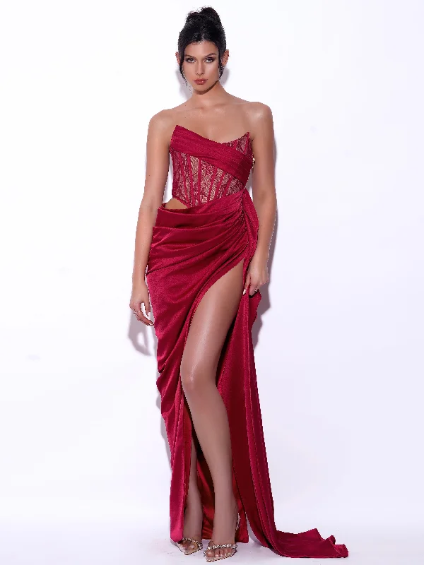 Callie Red Lace Satin Corset High Slit Gown