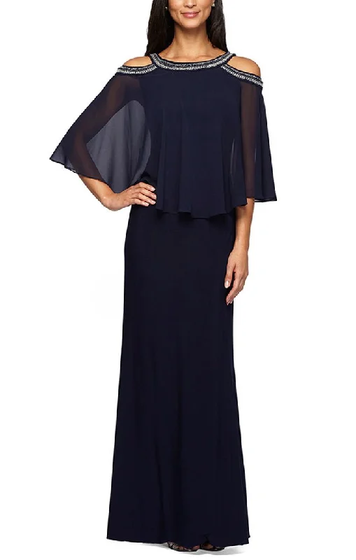 Cold Shoulder Popover Jersey & Chiffon Gown with Beaded Neckline