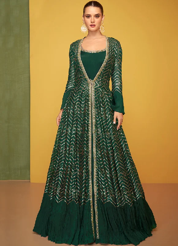 Dark Green Embroidery Jacket Style Anarkali Gown