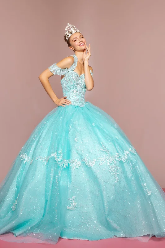 Embroidered Halter Ball Gown with Glitter Skirt by Elizabeth K GL2602