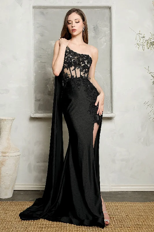 Fitted Embroidered One Shoulder Corset Gown by Juno M1037 - Outlet