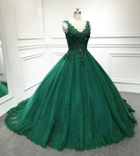 Green ball gown lace v neck quinceanera dress C62