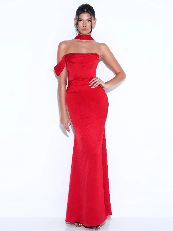 Ivona Red Halter Neck Double Duchess Satin Gown