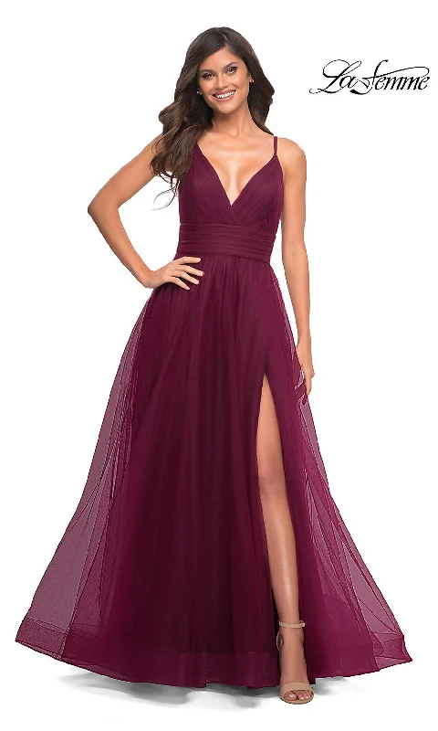 La Femme V-Neck Long Tulle Prom Ball Gown