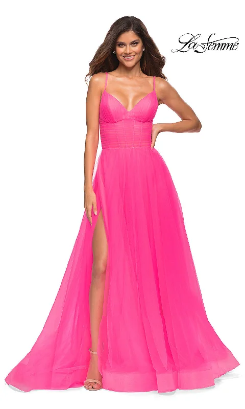 La Femme Neon Pink Prom Ball Gown with Pockets