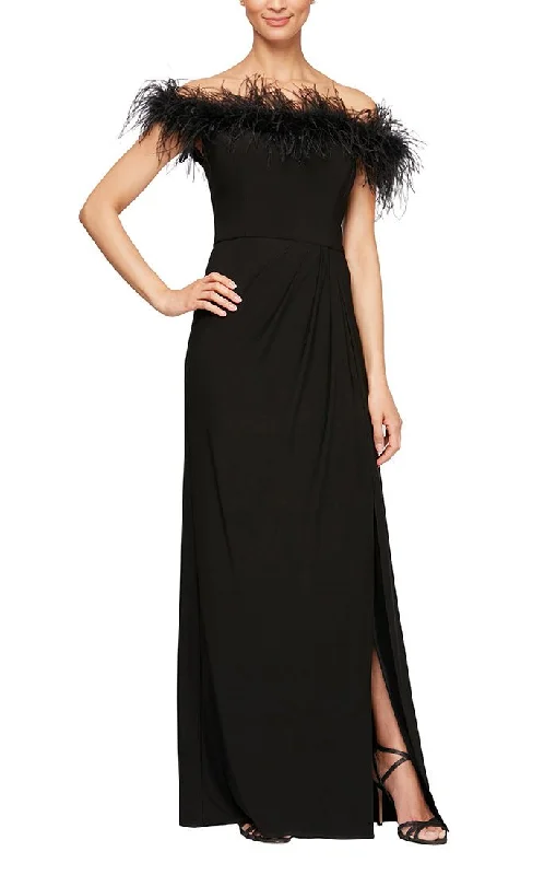 Long Off-the-Shoulder Jersey Gown with Front Slit & Maribou Detail Neckline