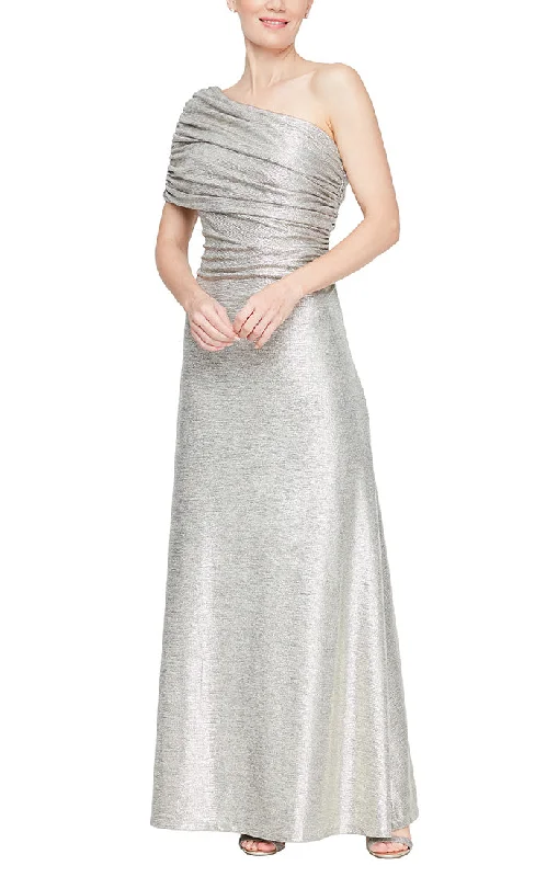 Long One Shoulder Metallic Knit Gown with Ruched Detail