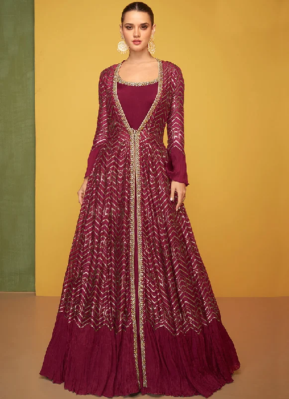 Maroon Embroidery Jacket Style Anarkali Gown