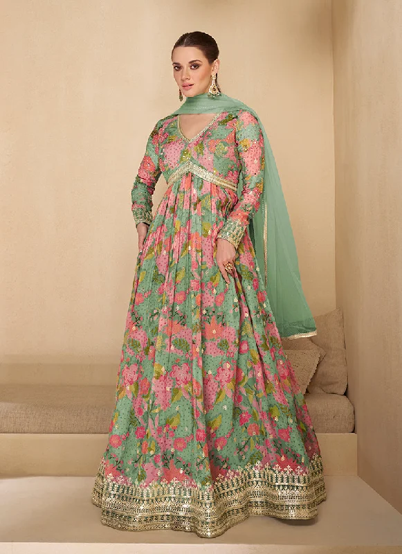 Mint Green Digital Printed Embroidered Anarkali Gown Dress