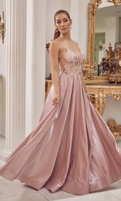 Sheer-Bodice Long Mauve Pink Formal Gown