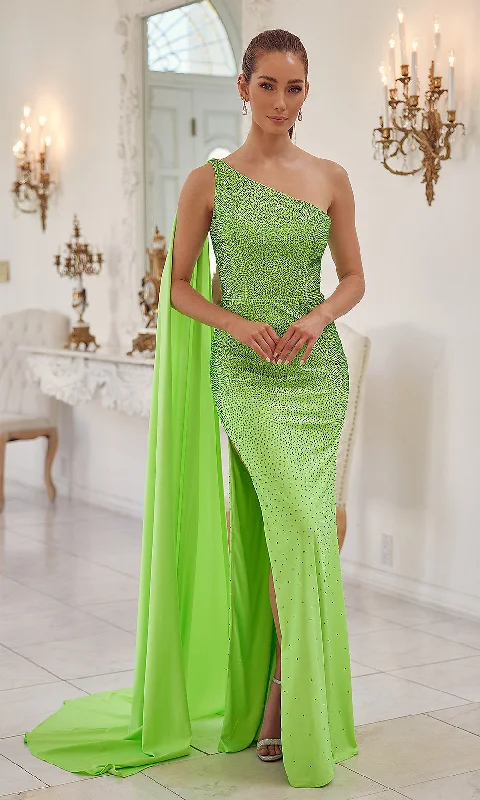 One-Shoulder Cape Long Beaded Formal Dress