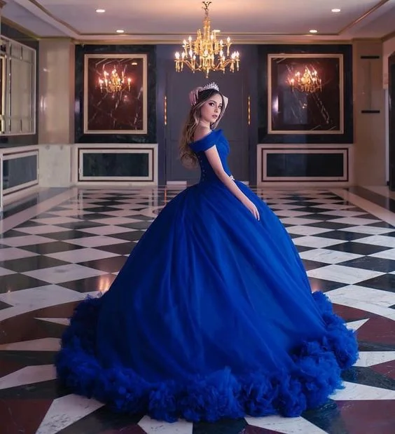 Off Shoulder Ball Gown Women Royal Blue Ruffle Princess Sweet 16 Dress  cc72